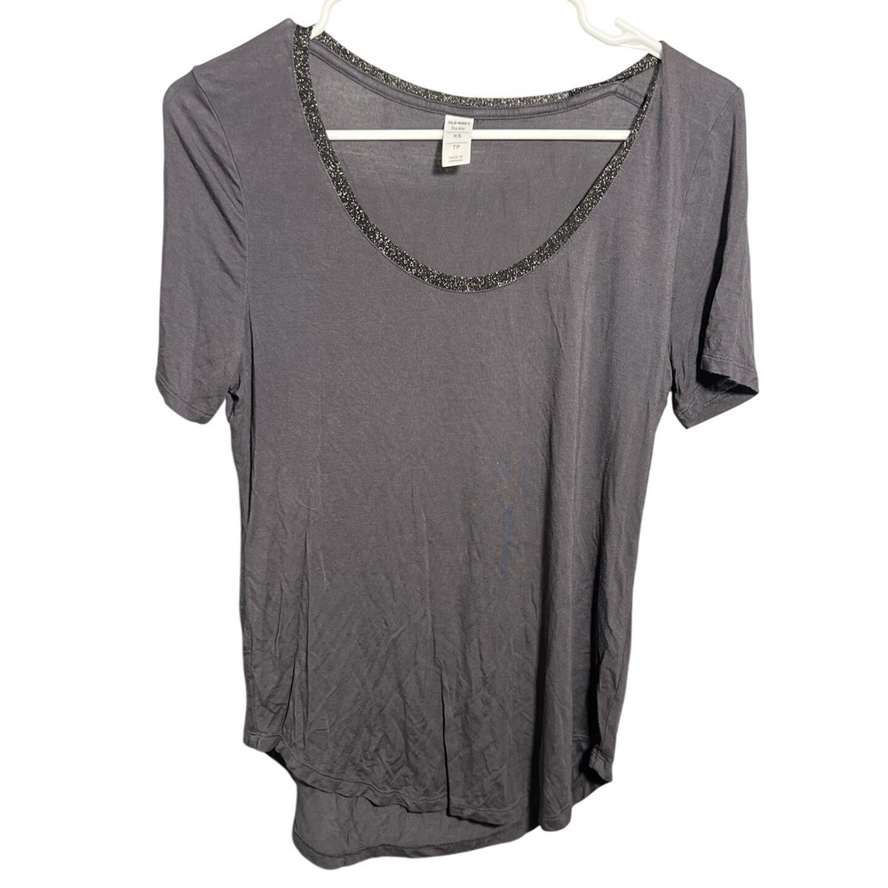 Old Navy Luxe Women's Gray Glitter Trim V-Neck Short Sleeve T-Shirt Top XS